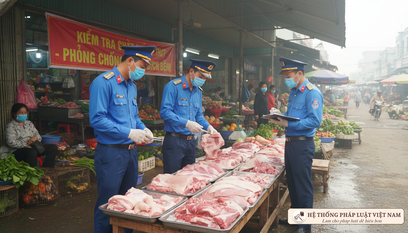 Cán bộ thú y kiểm tra thịt lợn dịch