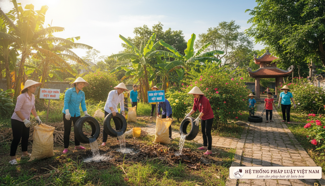 Người dân dọn vệ sinh môi trường diệt lăng quăng