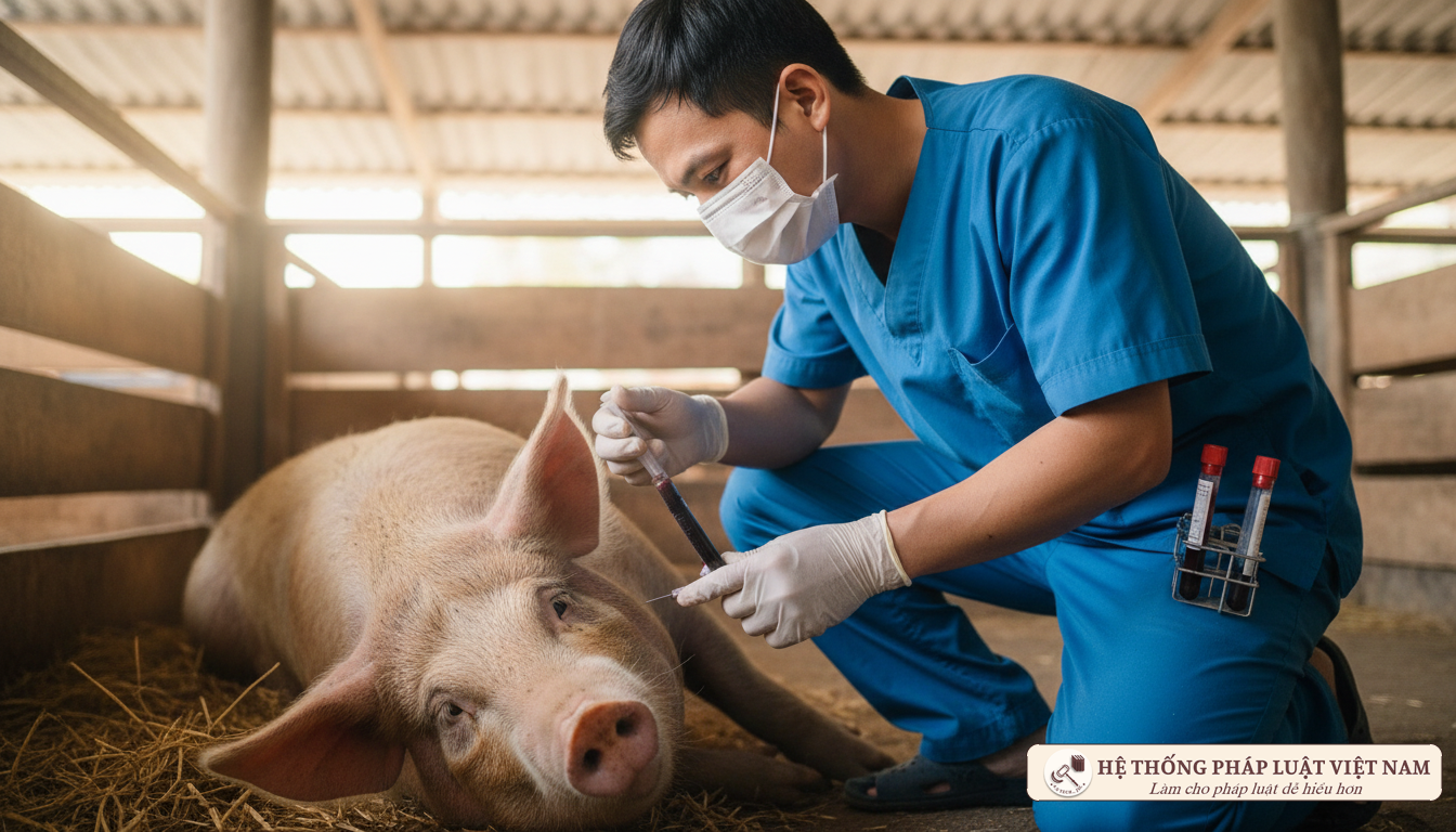 Cán bộ thú y lấy mẫu xét nghiệm lợn
