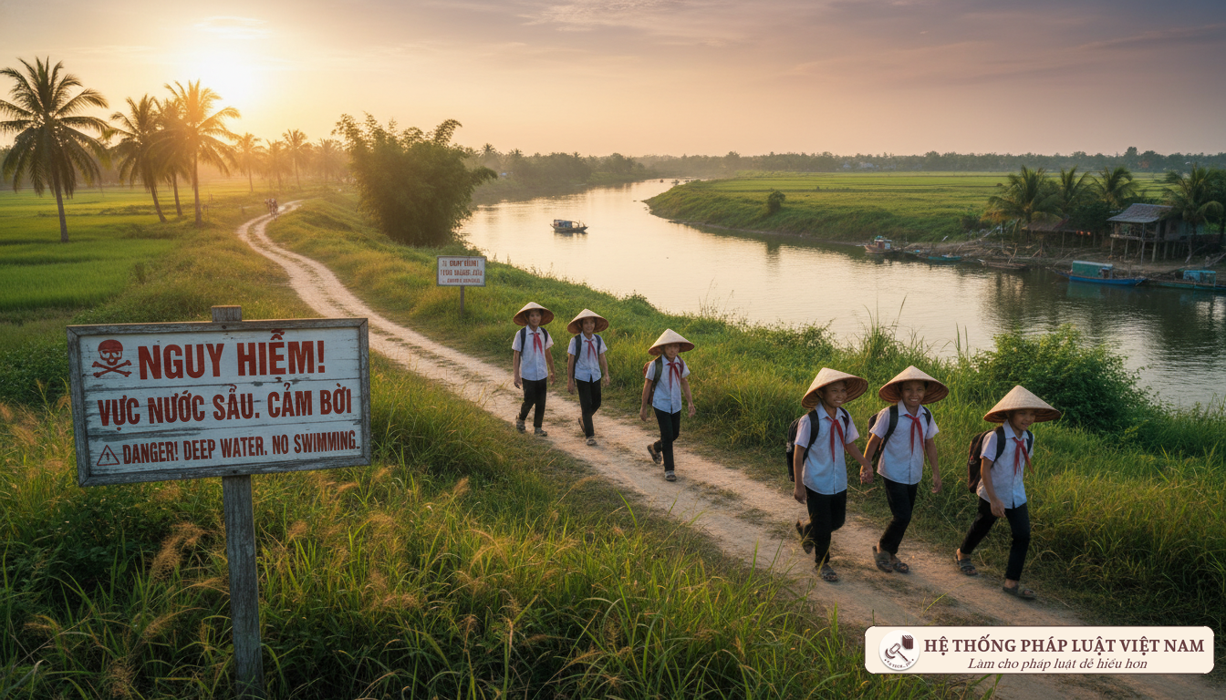Học sinh đi học gần khu vực sông ngòi nguy hiểm