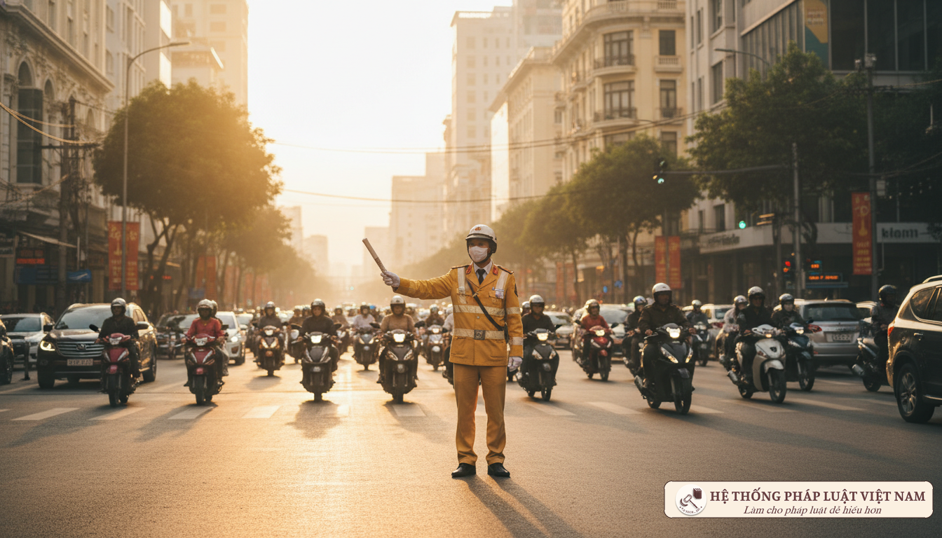 Cảnh sát giao thông Việt Nam đang điều tiết giao thông trên phố