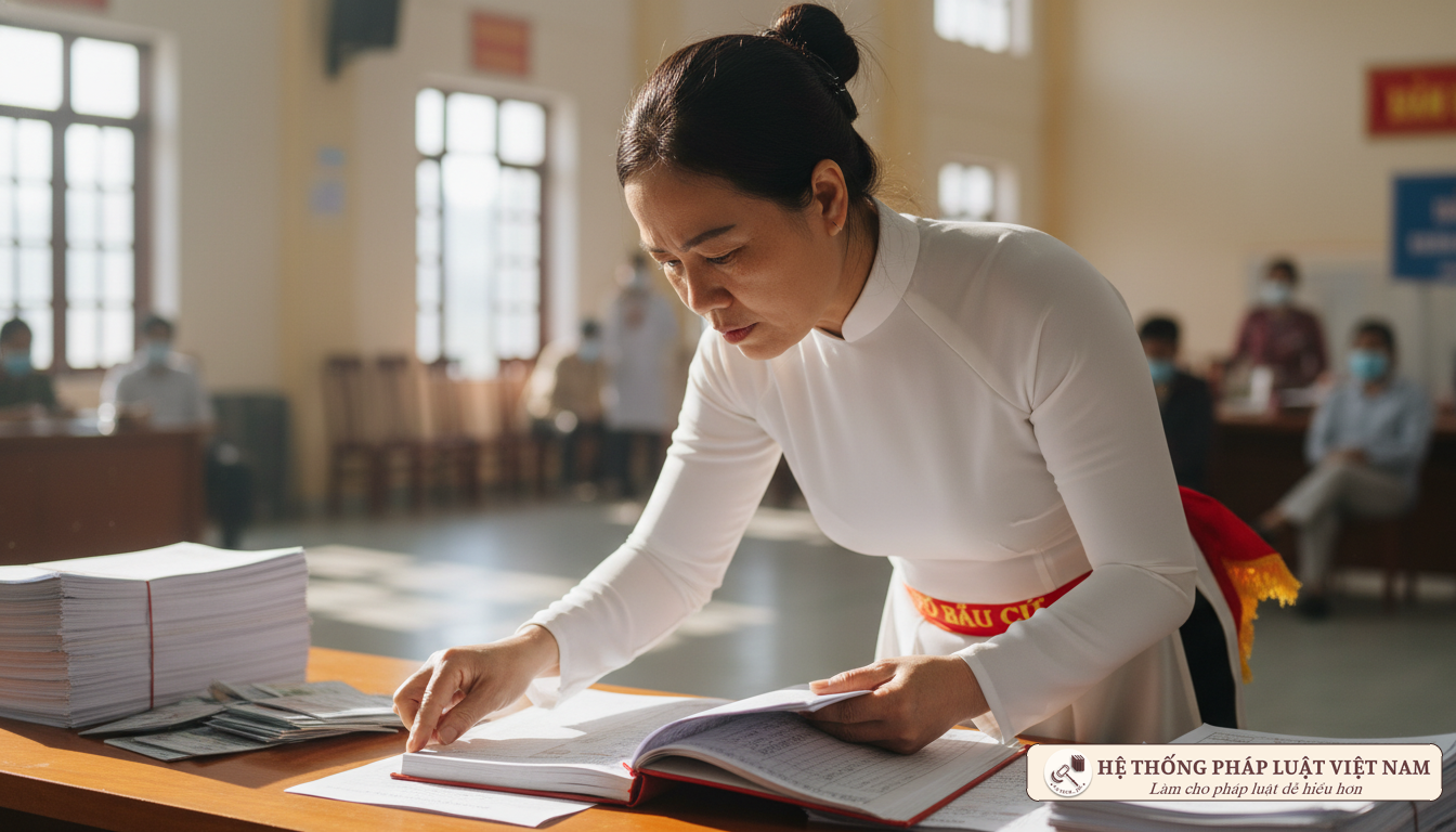Cán bộ bầu cử kiểm tra danh sách cử tri và phiếu bầu tại khu vực bỏ phiếu