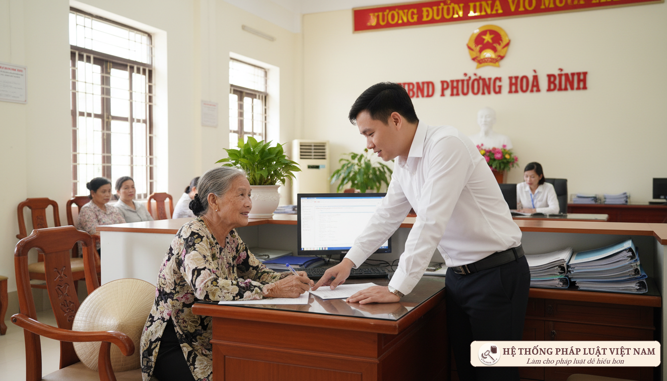Cán bộ hướng dẫn thủ tục hành chính cho người dân
