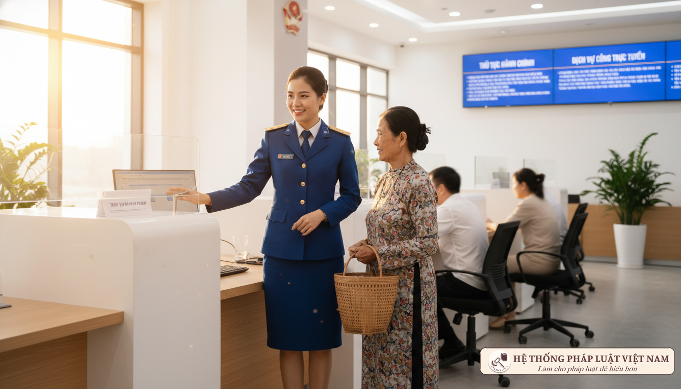 Cán bộ công an hướng dẫn người dân làm thủ tục Căn cước