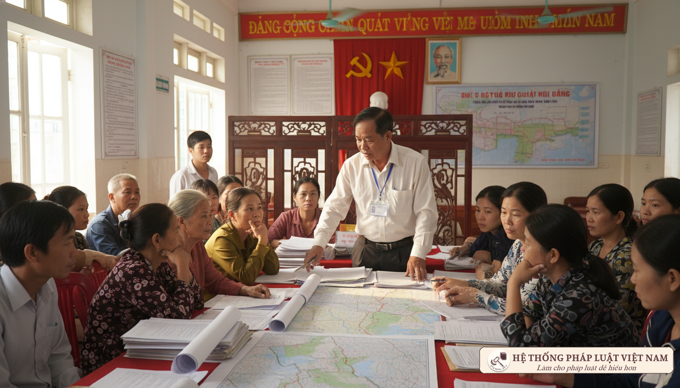 Cán bộ địa phương trao đổi với người dân về bồi thường đất