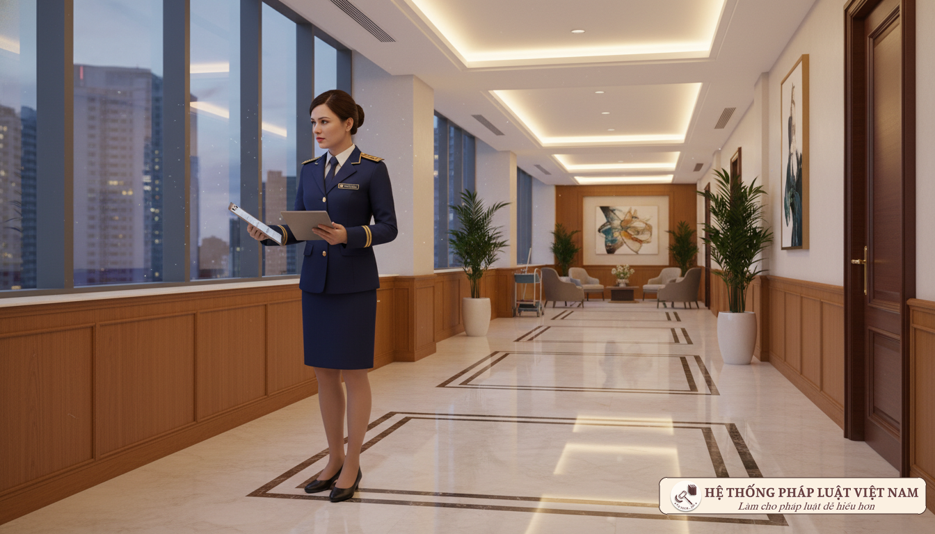Cán bộ chức năng kiểm tra hành lang chung cư