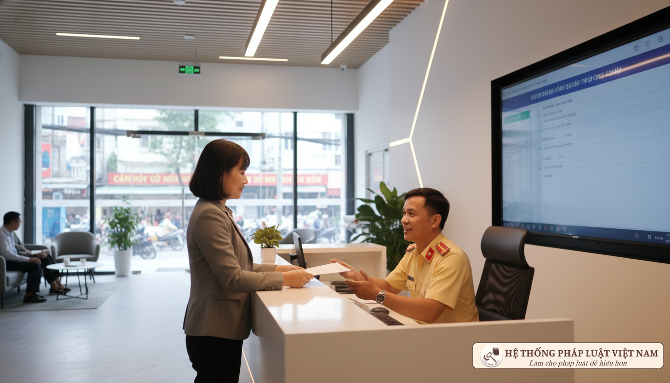 Người dân làm thủ tục đăng ký xe tại cơ quan công an