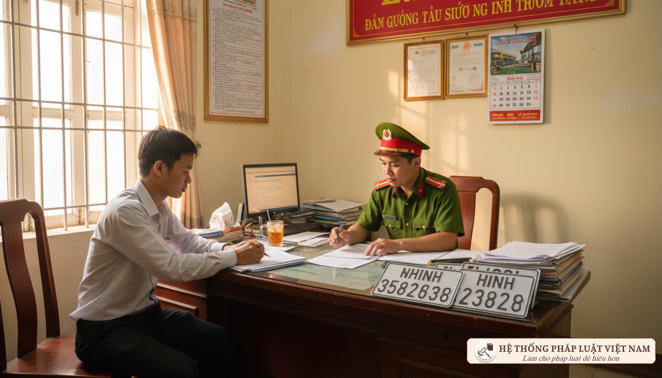 Cảnh sát giao thông làm thủ tục đăng ký xe