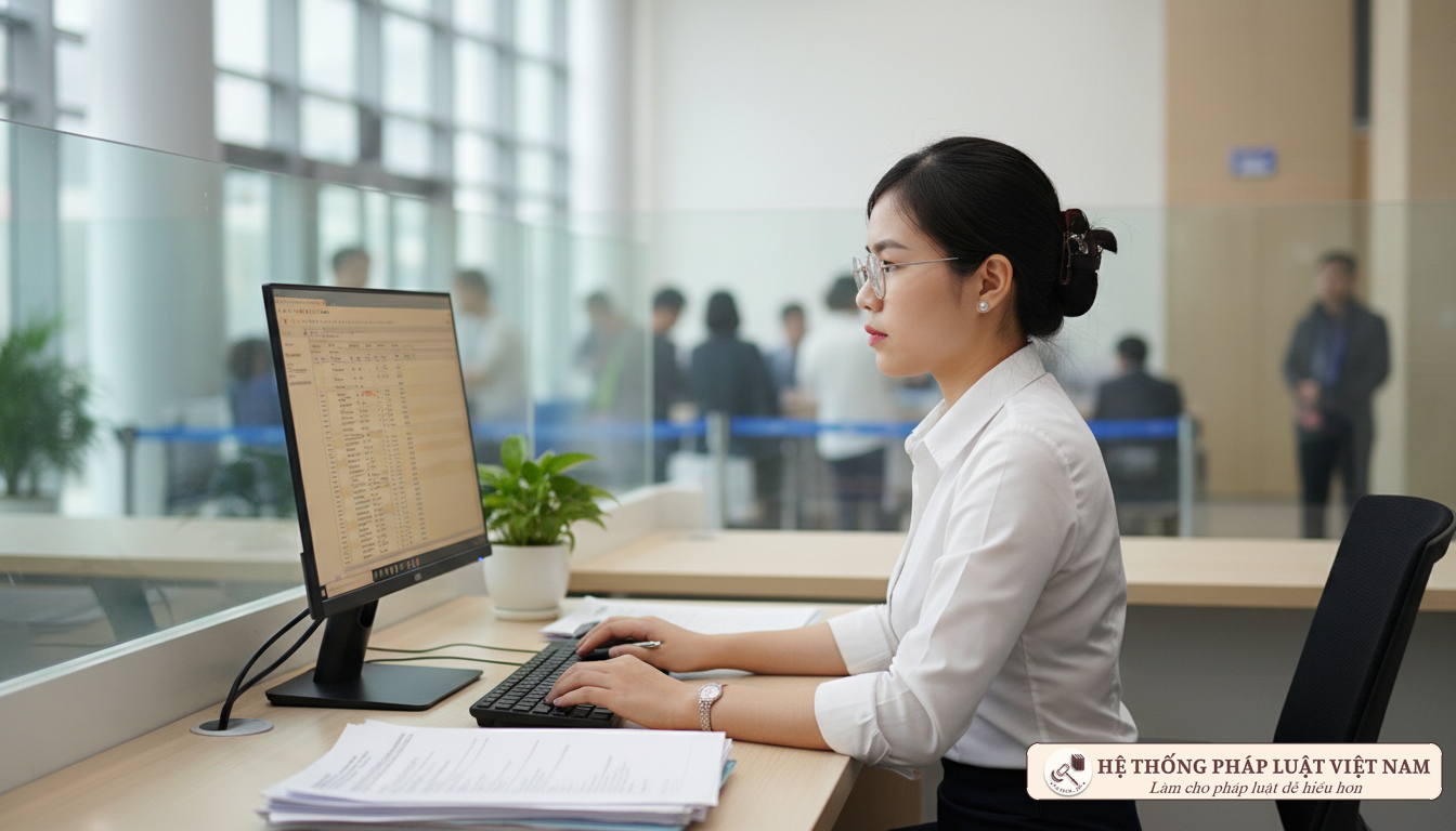 Cán bộ tư pháp làm việc trên máy tính năm 2017