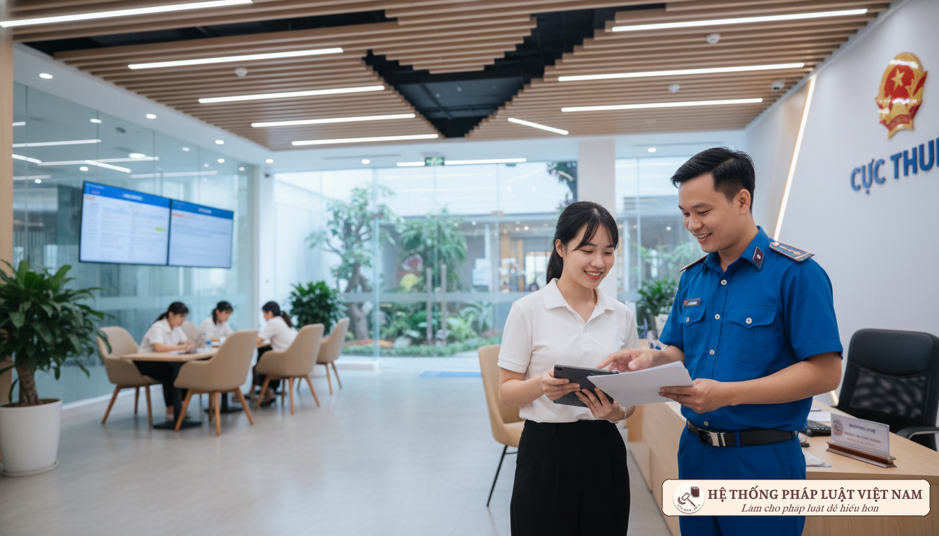 Cán bộ thuế hướng dẫn người dân làm thủ tục