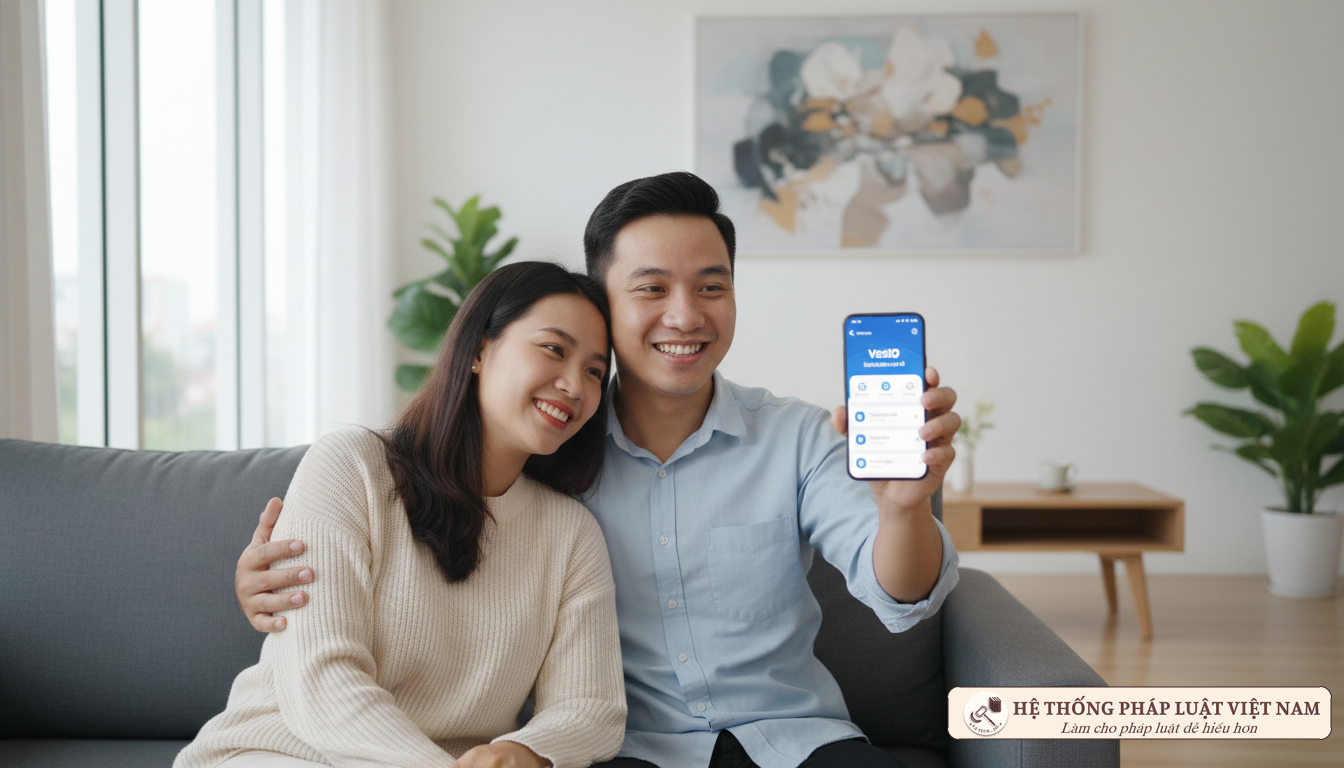 Cặp vợ chồng trẻ xem ứng dụng bảo hiểm