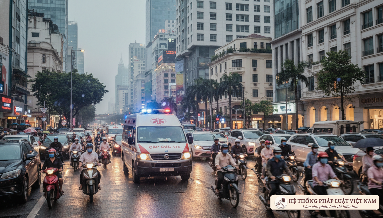 Xe cứu thương đang làm nhiệm vụ trên đường phố