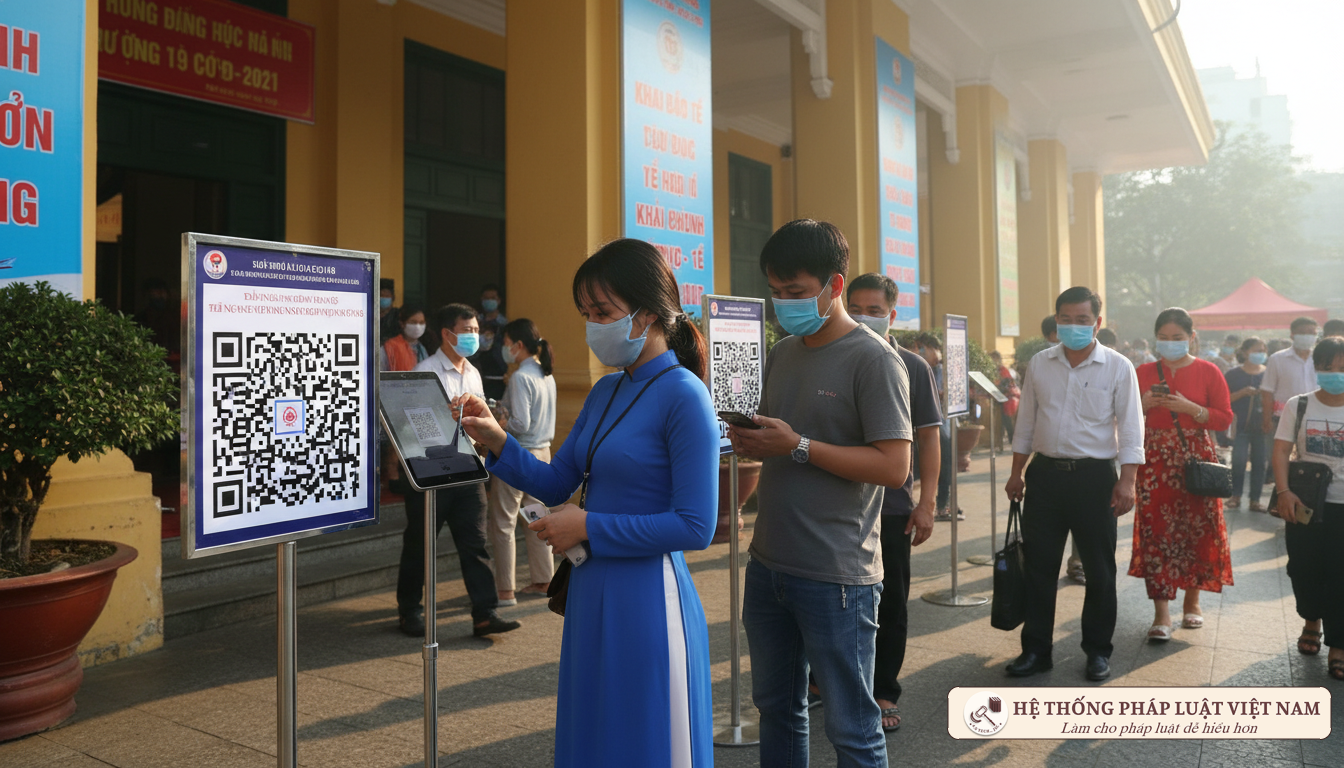 Người dân quét mã QR khai báo y tế tại Việt Nam 2021