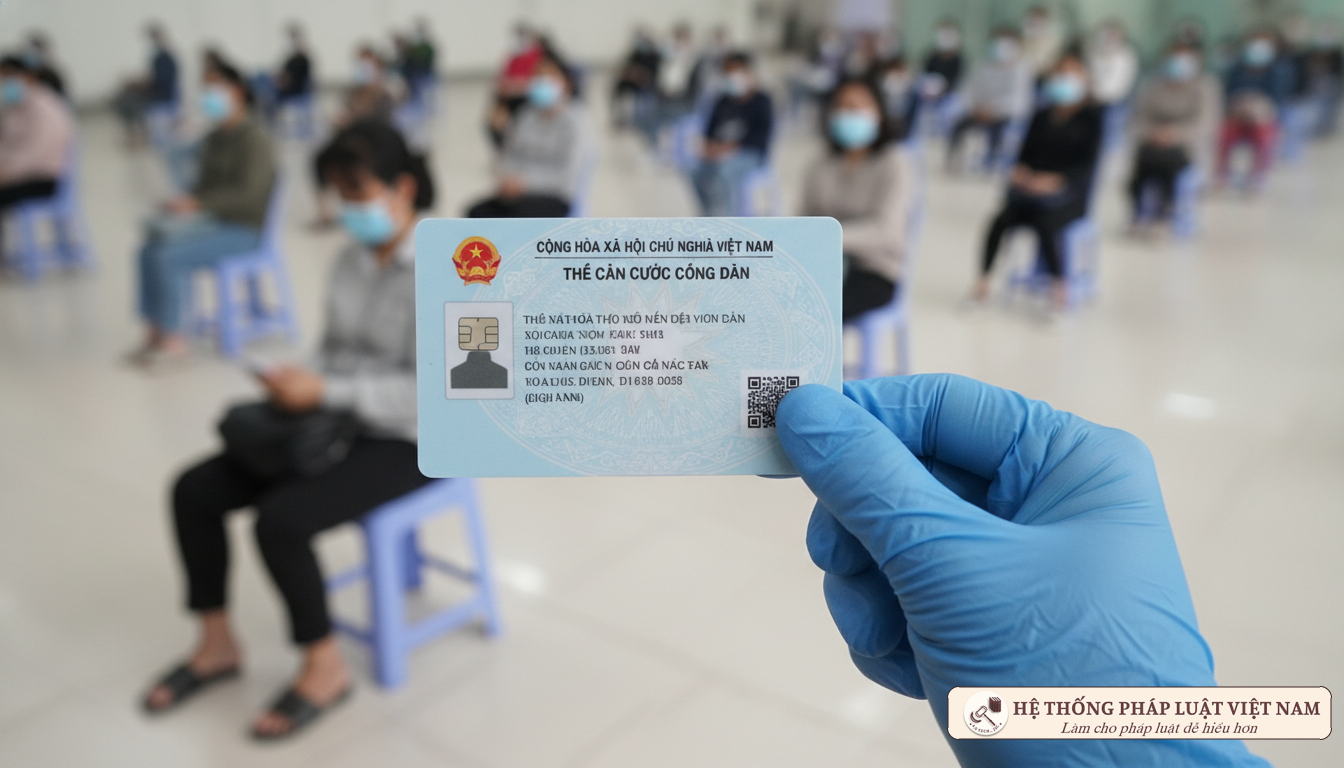 Người dân đeo khẩu trang làm thủ tục Căn cước công dân