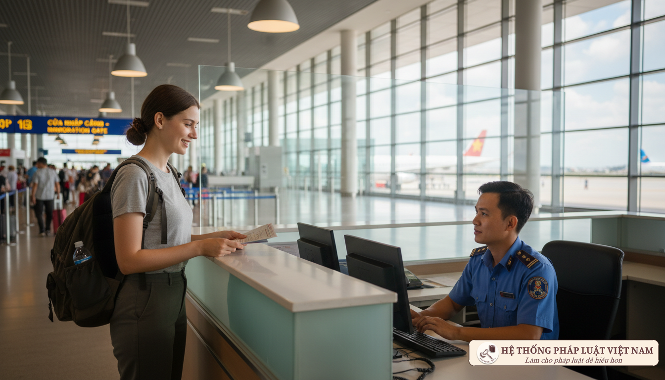 Người nước ngoài làm thủ tục tại quầy xuất nhập cảnh sân bay