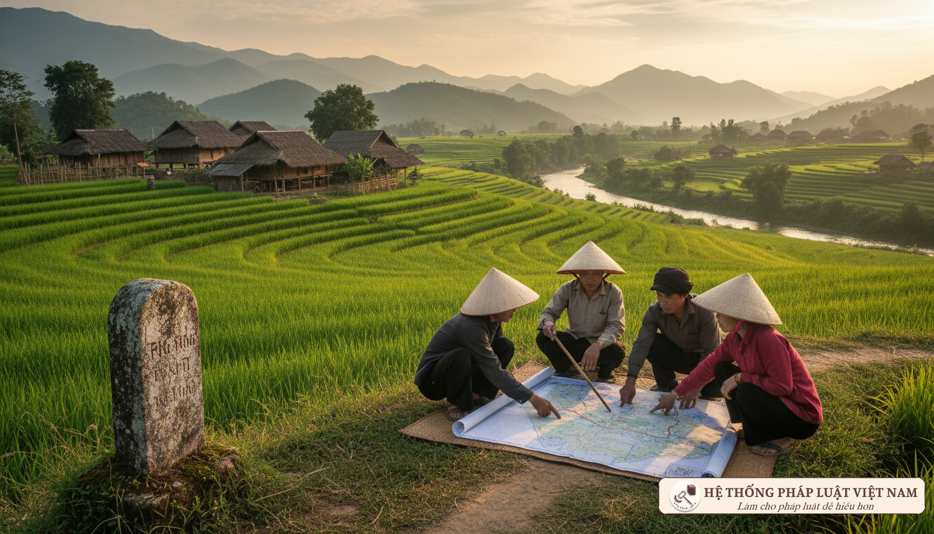 Cán bộ địa chính kiểm tra ranh giới đất