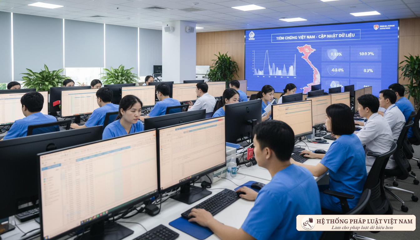 Cán bộ y tế xử lý dữ liệu tiêm chủng