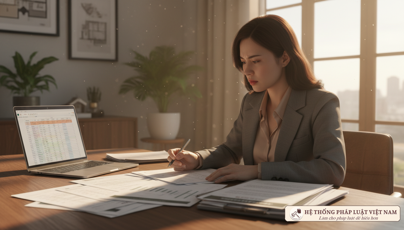 Thu thập chứng cứ tranh chấp tài sản Người phụ nữ kiểm tra giấy tờ nhà đất và hợp đồng