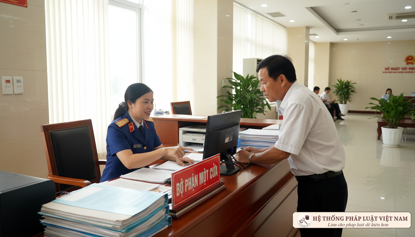 Cán bộ tư pháp làm việc tại bộ phận một cửa