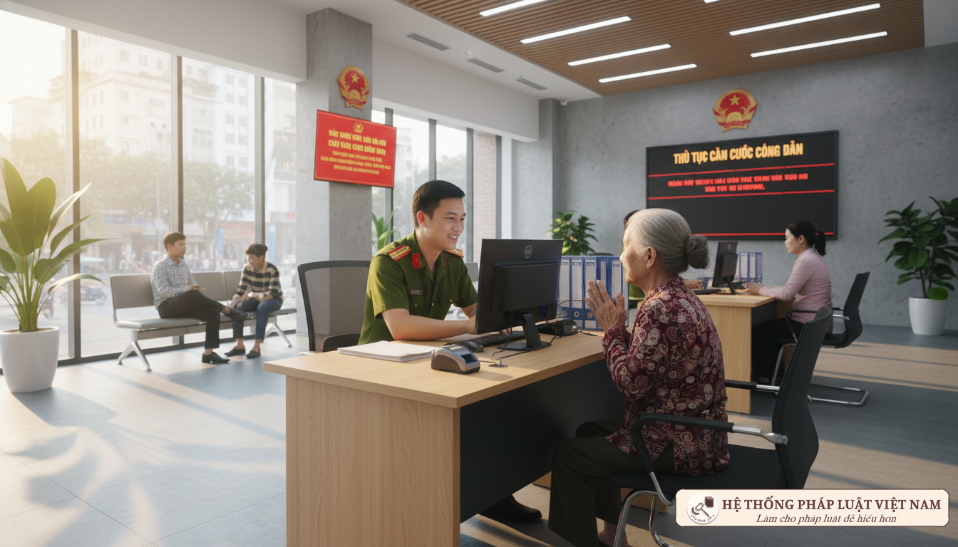 Cảnh sát hỗ trợ người dân làm thủ tục căn cước