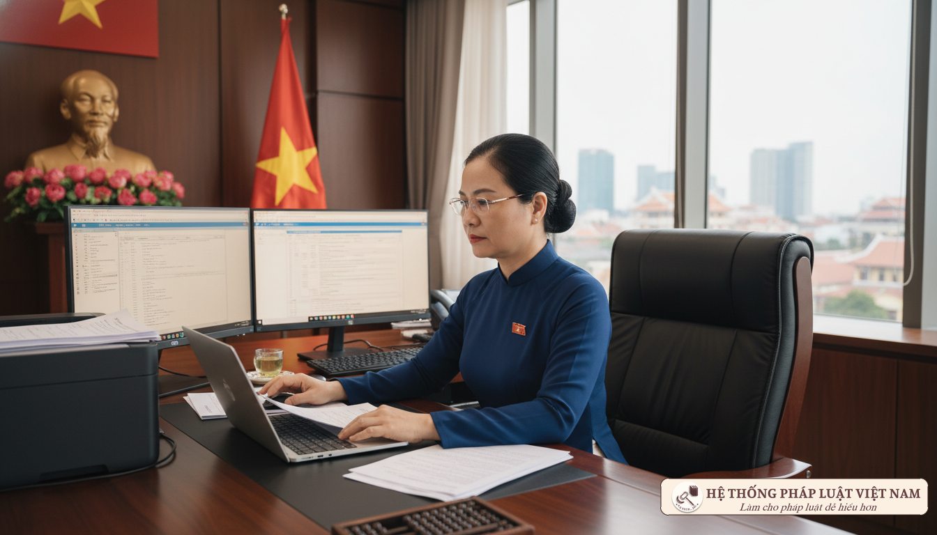 Cán bộ tư pháp xử lý hồ sơ điện tử