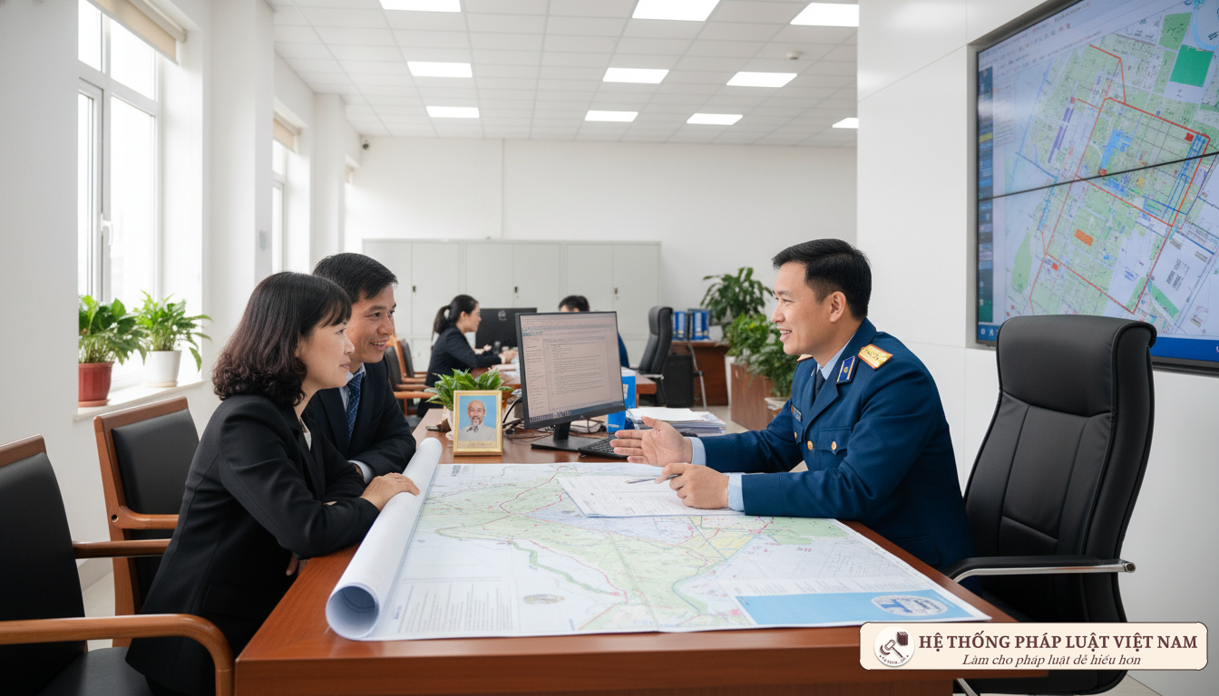 Cán bộ địa chính hướng dẫn người dân về đất đai