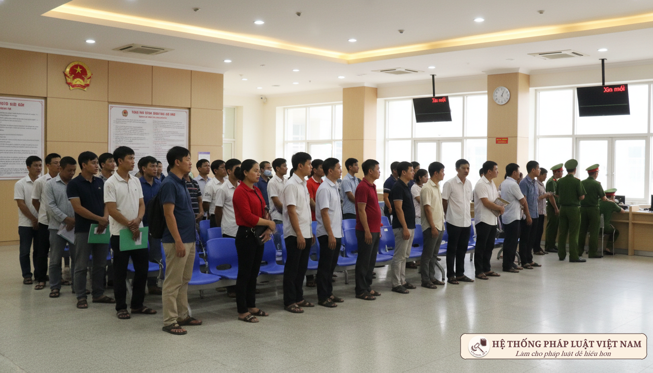 Người dân xếp hàng làm thủ tục hành chính tại cơ quan công an năm 2019