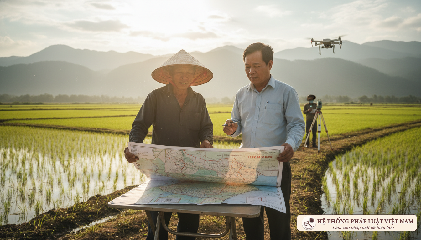 Cán bộ và người dân cùng rà soát bản đồ đất đai tại cơ sở