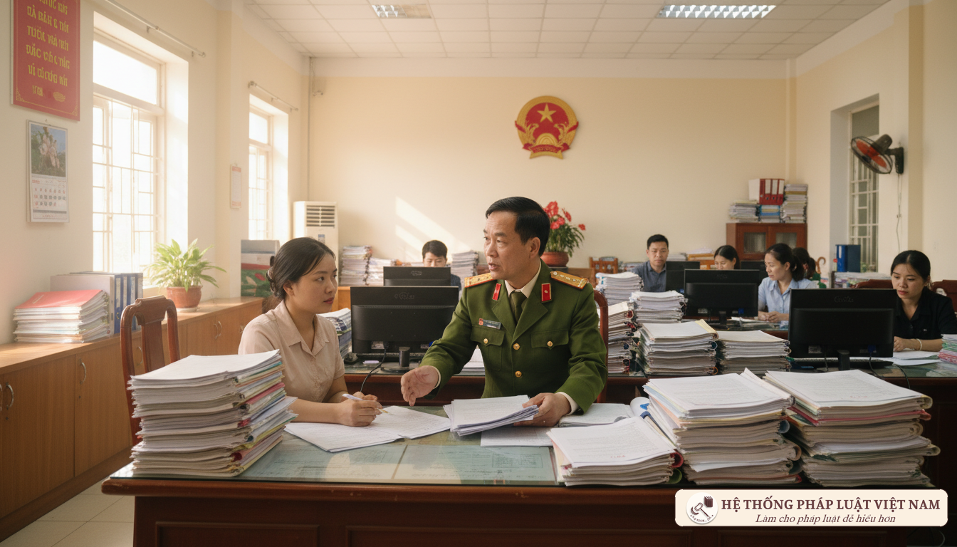 Cán bộ hành chính hướng dẫn người dân về quy định xử phạt