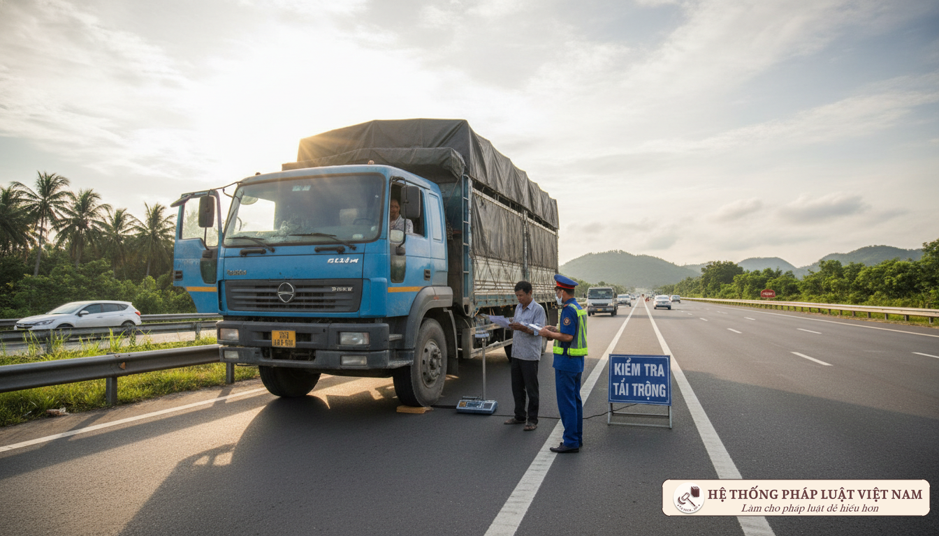 Thanh tra giao thông kiểm tra tải trọng xe tải trên quốc lộ