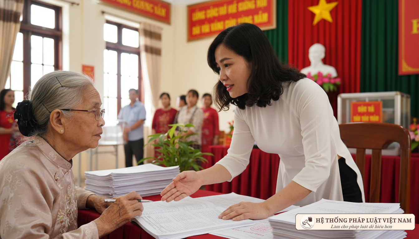 Cán bộ hướng dẫn cử tri tại bàn đăng ký bầu cử
