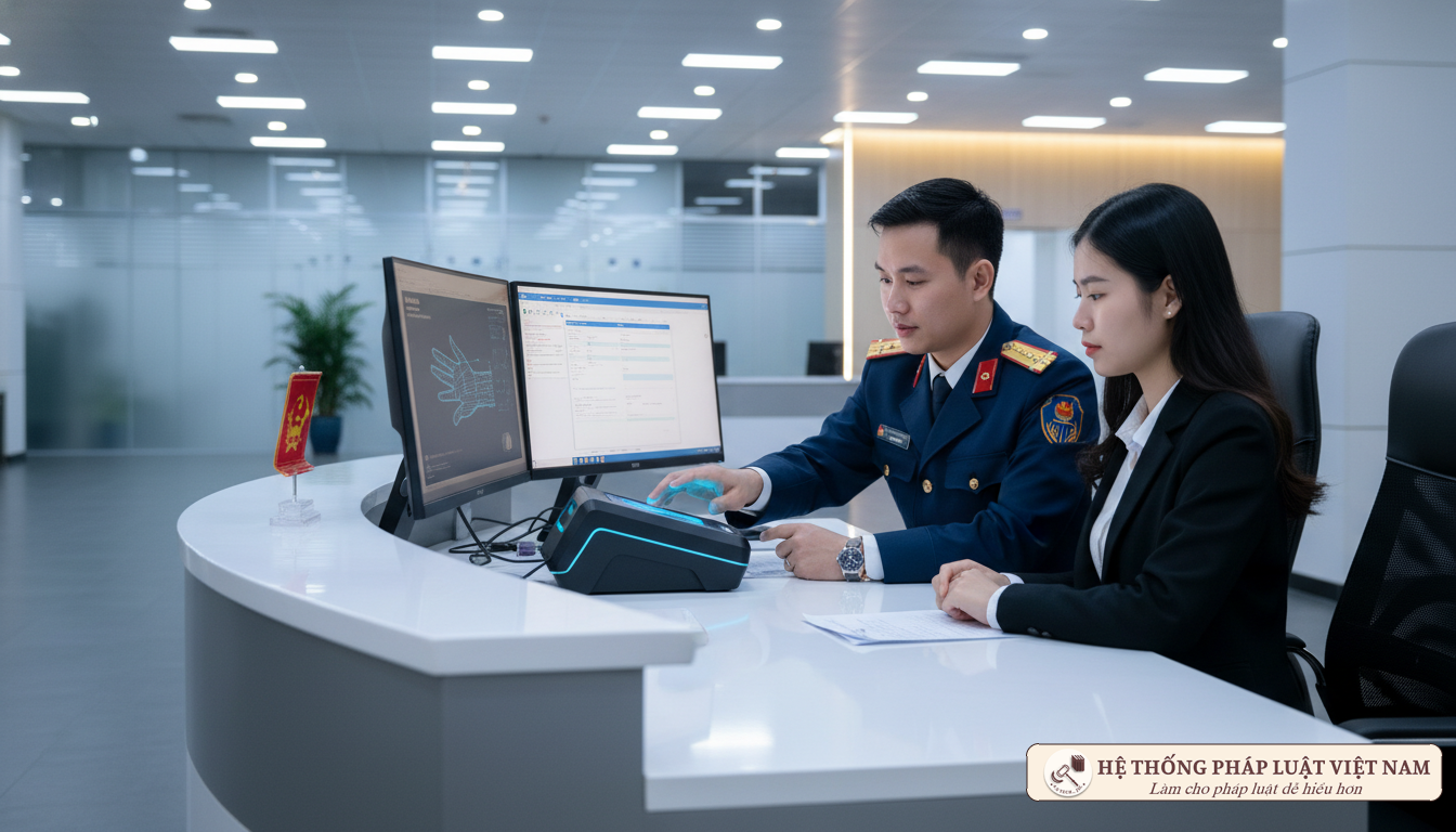 Cán bộ công an hỗ trợ người dân đăng ký định danh điện tử