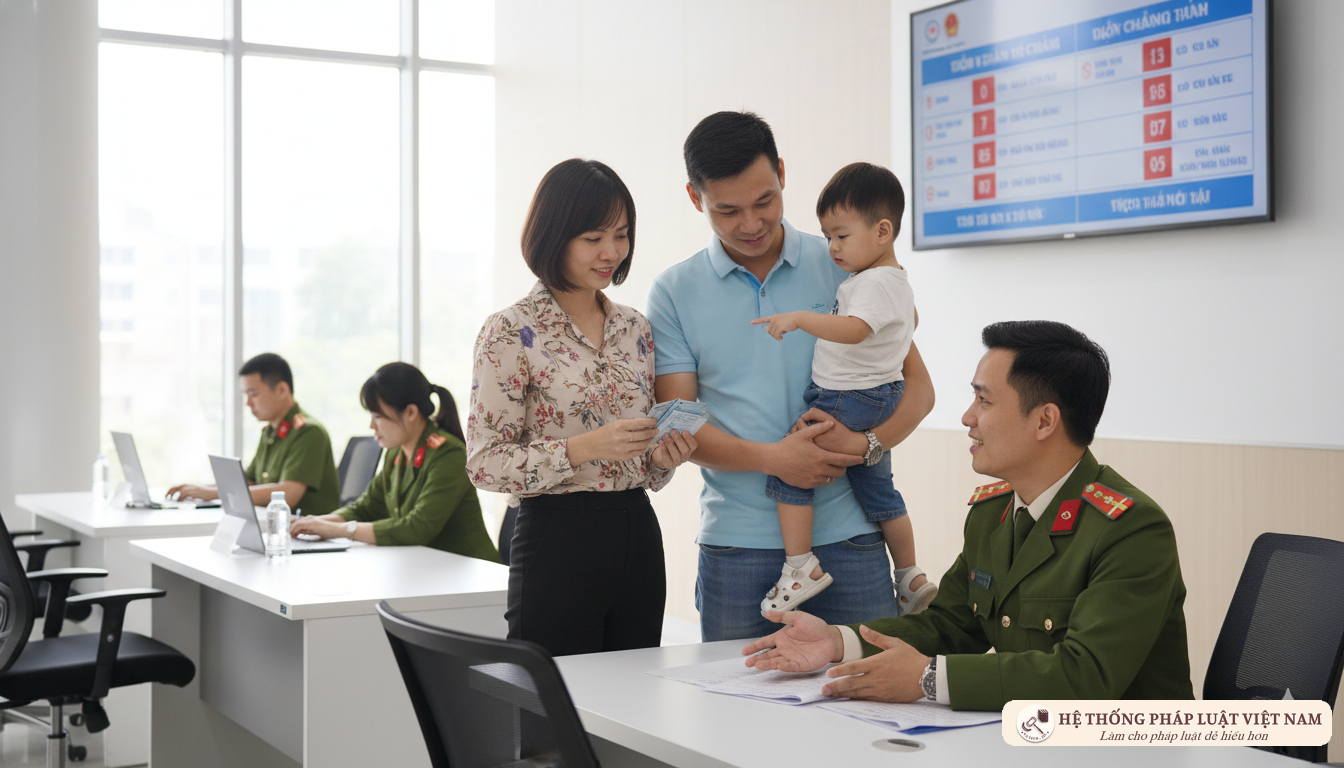 Cán bộ công an hướng dẫn người dân làm thủ tục cư trú cho trẻ em