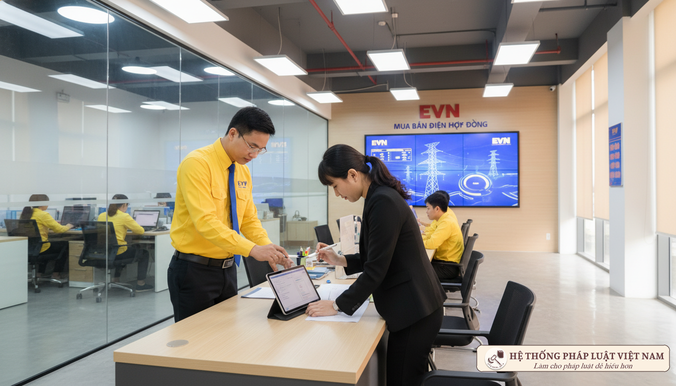Nhân viên điện lực hướng dẫn khách hàng