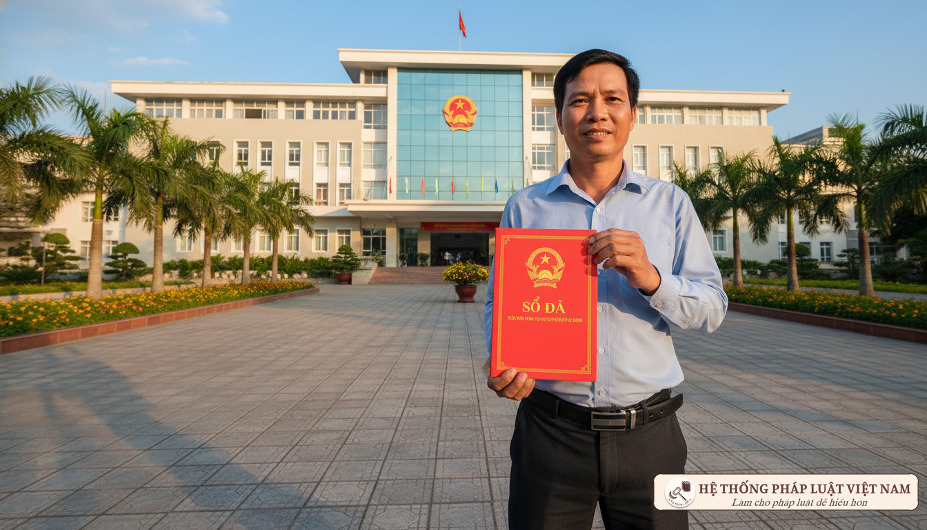 Người dân cầm sổ đỏ trước cơ quan hành chính