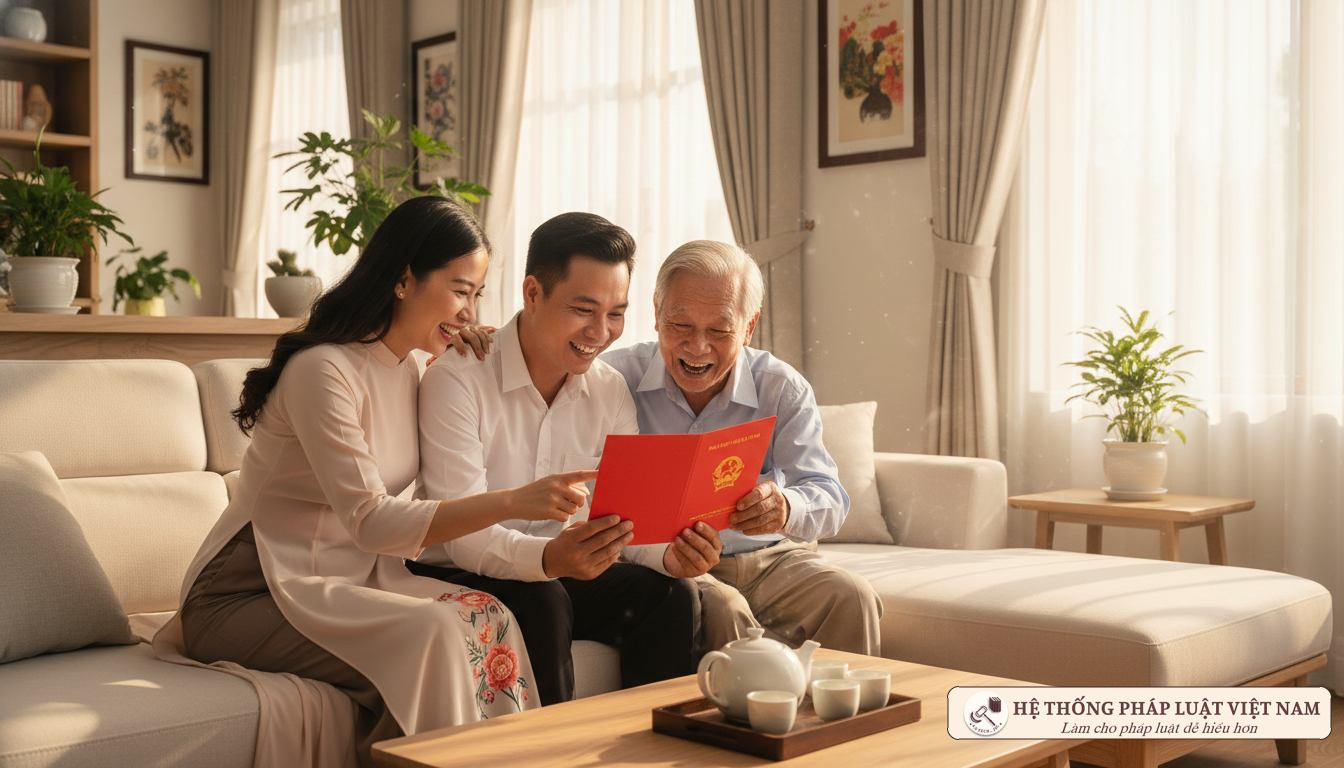 Gia đình Việt Nam hạnh phúc cầm sổ đỏ