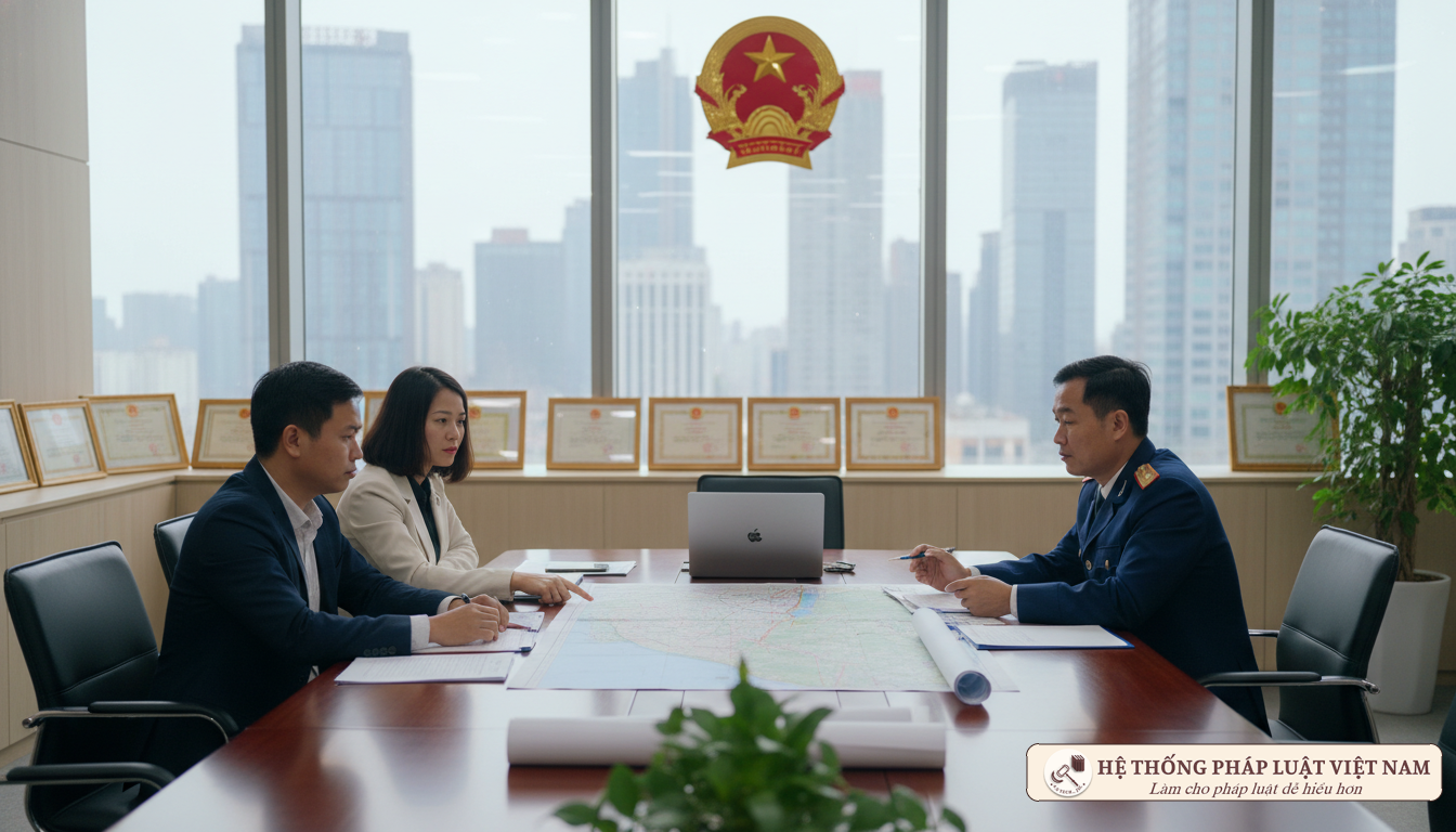 Người dân làm việc với cán bộ địa chính về quy hoạch đất đai