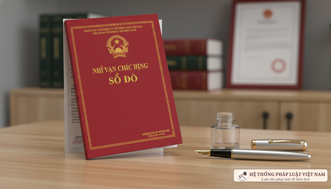 Sổ đỏ và bút ký trên bàn gỗ