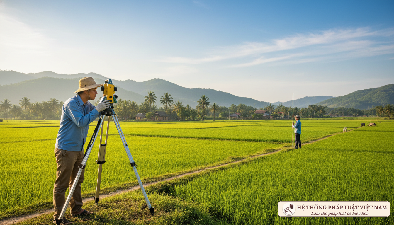 Cán bộ địa chính đo đạc thửa đất tại khu vực nông thôn Việt Nam