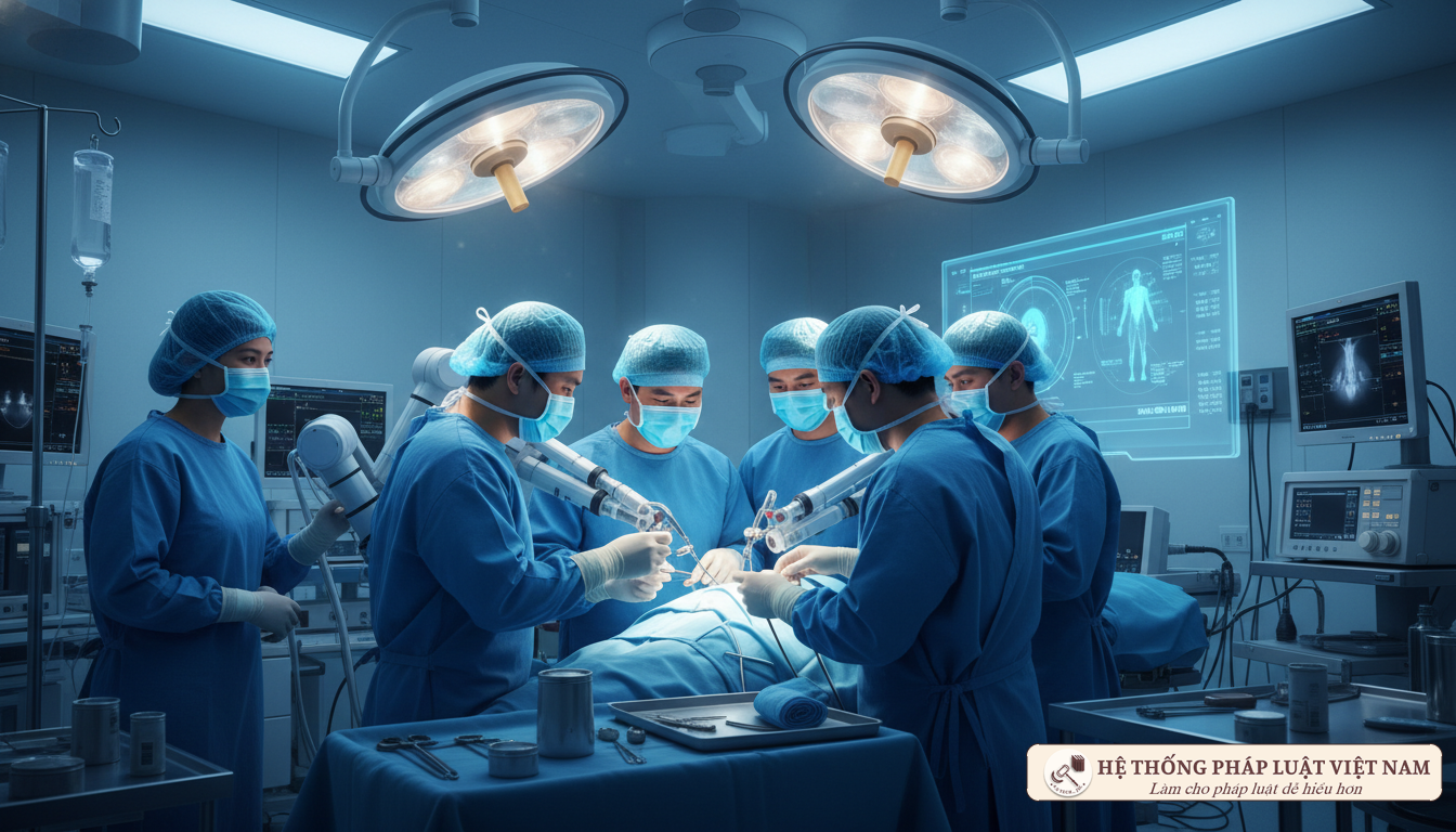 Kíp mổ đang thực hiện phẫu thuật trong phòng mổ hiện đại