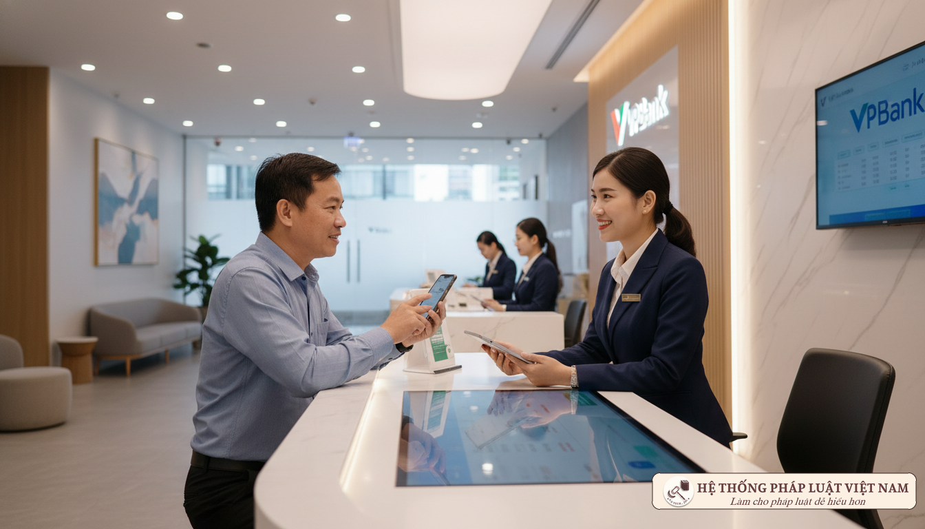 Nhân viên ngân hàng hỗ trợ khách hàng tại quầy