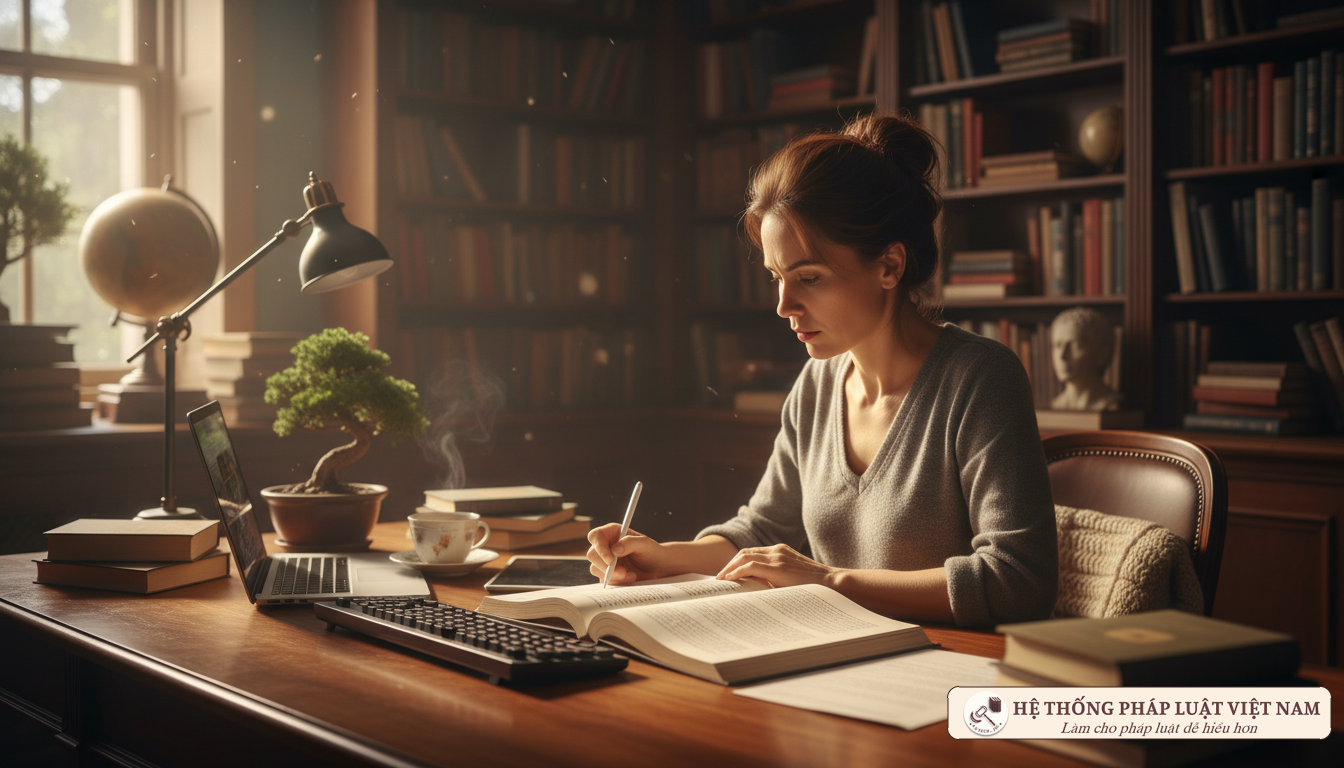 Dịch giả đang làm việc chuyên nghiệp trong phòng làm việc