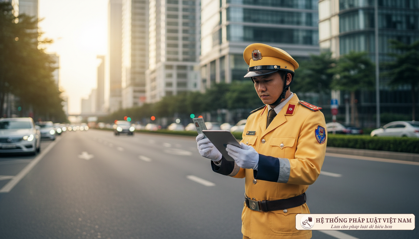 Cảnh sát giao thông kiểm tra giấy tờ xe và bằng lái xe của người dân