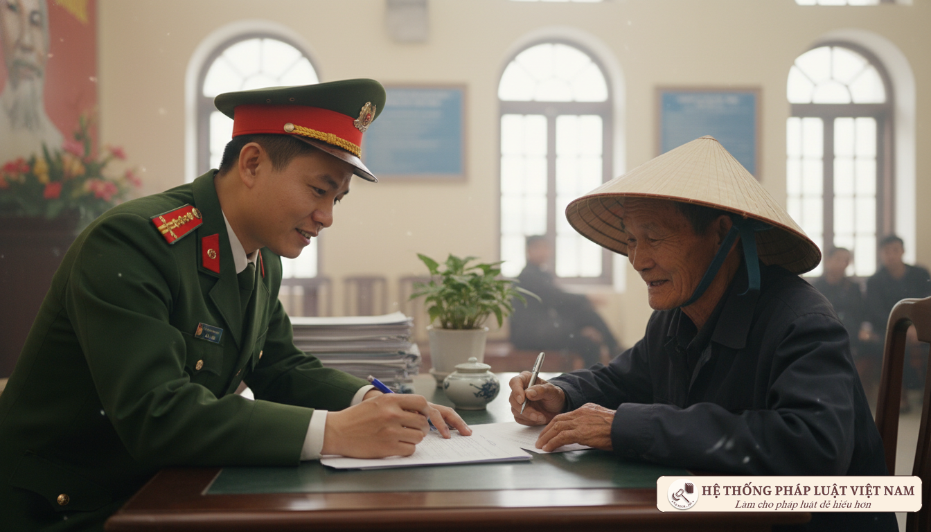 Cán bộ công an hướng dẫn người dân làm thủ tục CCCD