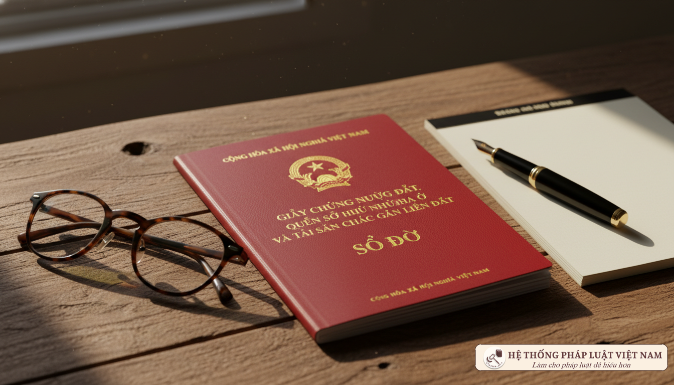 Sổ đỏ đặt trên bàn gỗ