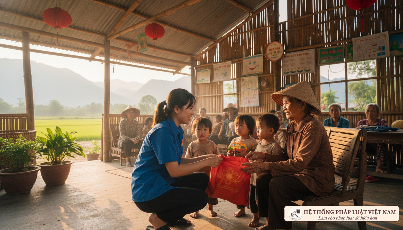 Tình nguyện viên tặng quà cho người già và trẻ em