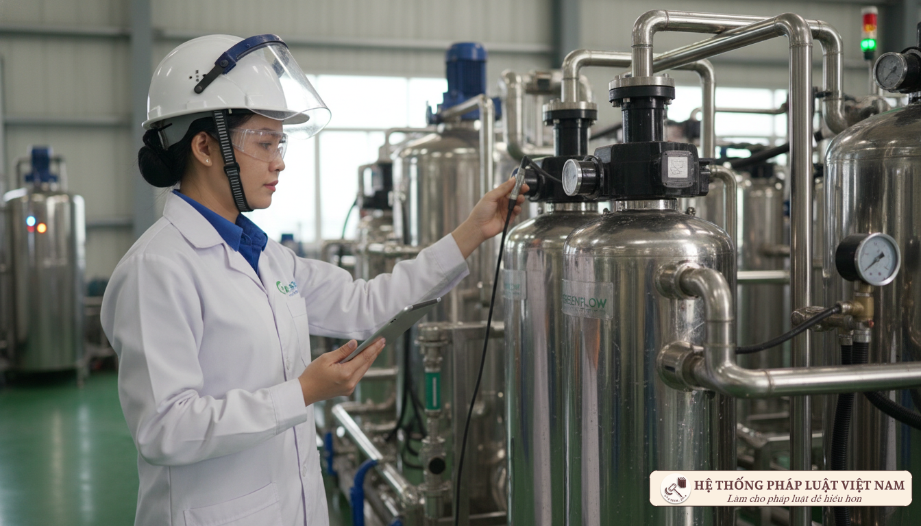 Cán bộ môi trường kiểm tra hệ thống xử lý nước thải