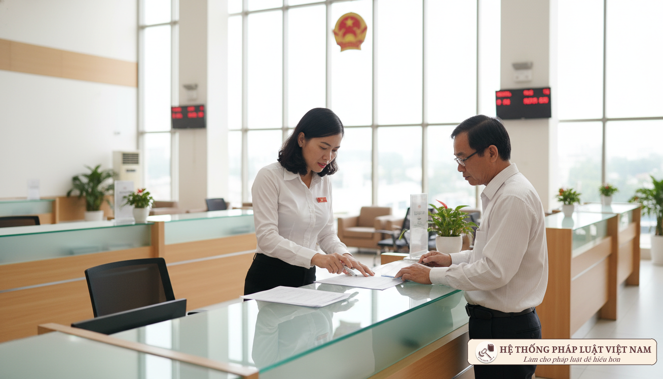 Cán bộ thuế hướng dẫn người dân làm thủ tục giảm thuế