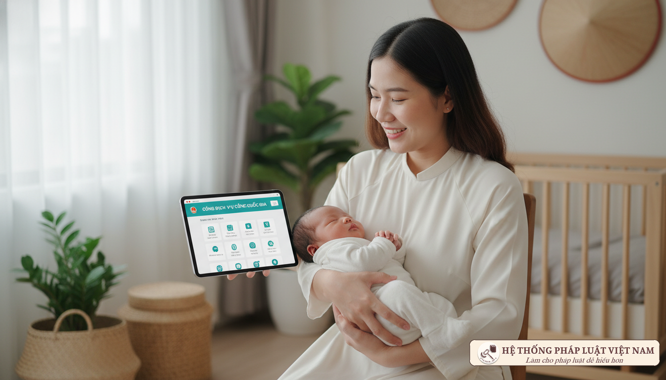 Mẹ và bé làm thủ tục hành chính điện tử