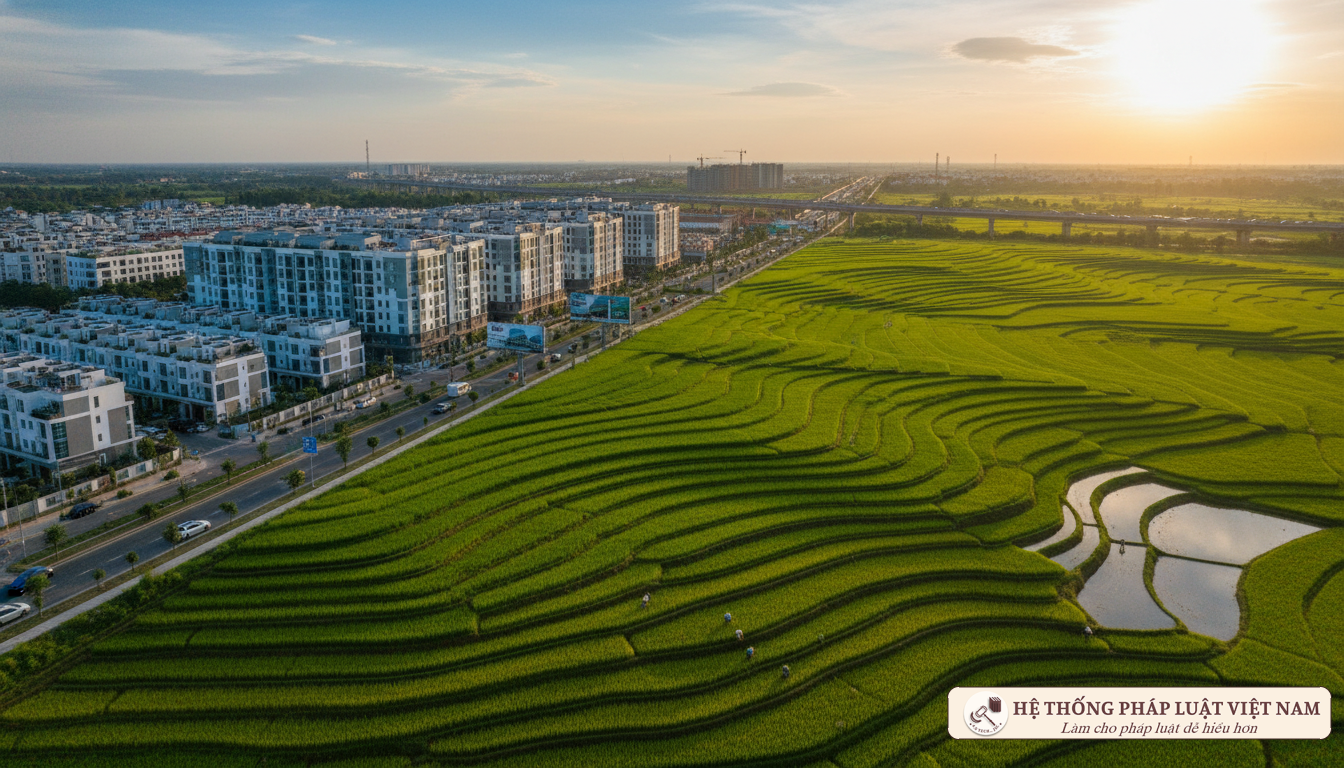 Cánh đồng nông nghiệp và khu dân cư hiện đại